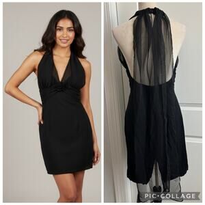 VTG All That Jazz Black Halter Dress Y2K Chiffon Rosette Mini Party Cocktail M